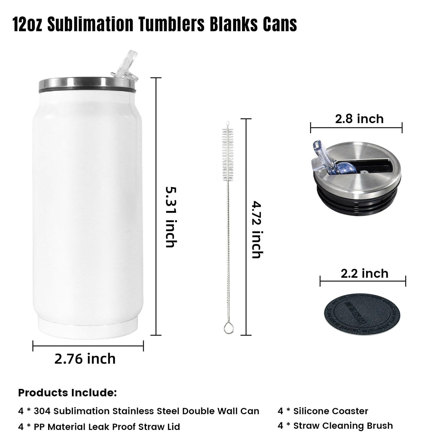 AGH 4Pack Sublimation Tumblers Blanks Cans, 12 oz Stainless Steel Sublimation Cola Tumbler Cups with Lid & Straw, Double Walled Vacuum Insulation Car Cup (White)