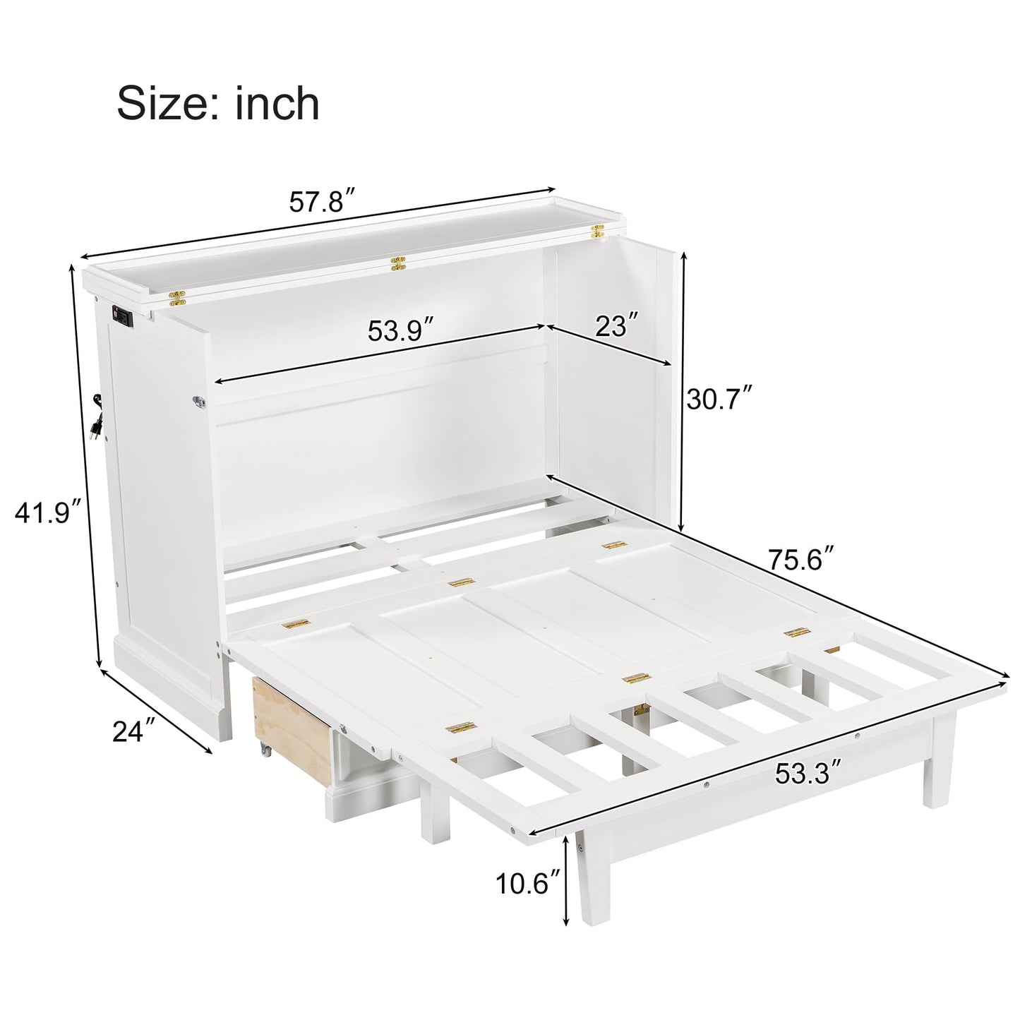 Merax Solid Pine Murphy Bed, Chest Cube Cabinet Bed with Charging Station and Large Storage Drawer for Home Office or Small Room, Full, White
