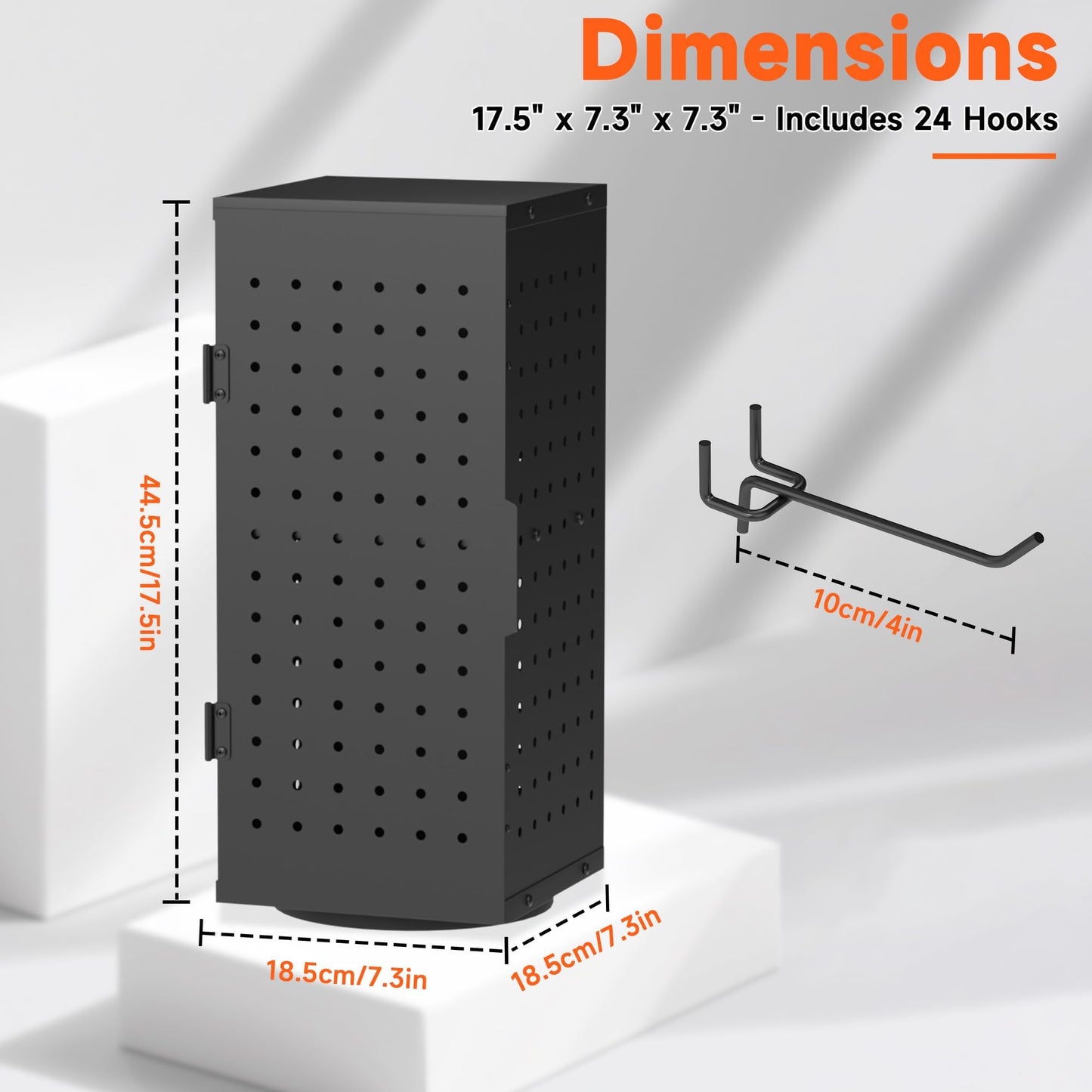 Alyoen Rotating Pegboard Display Stand With 24 Hooks - Metal Spinning Peg Board Organizer Accessories with Magnetic Door Design, Magnet Display Stand for Keychain, Jewelry, Earring(Black)