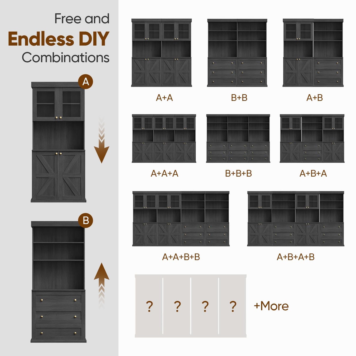 71" Black Farmhouse Kitchen Pantry Cabinet Set of 4— Freestanding Coffee Bar with Glass Doors or Drawers, Microwave Stand, Large Storage Hutch with Adjustable Shelves for Kitchen, Living Room