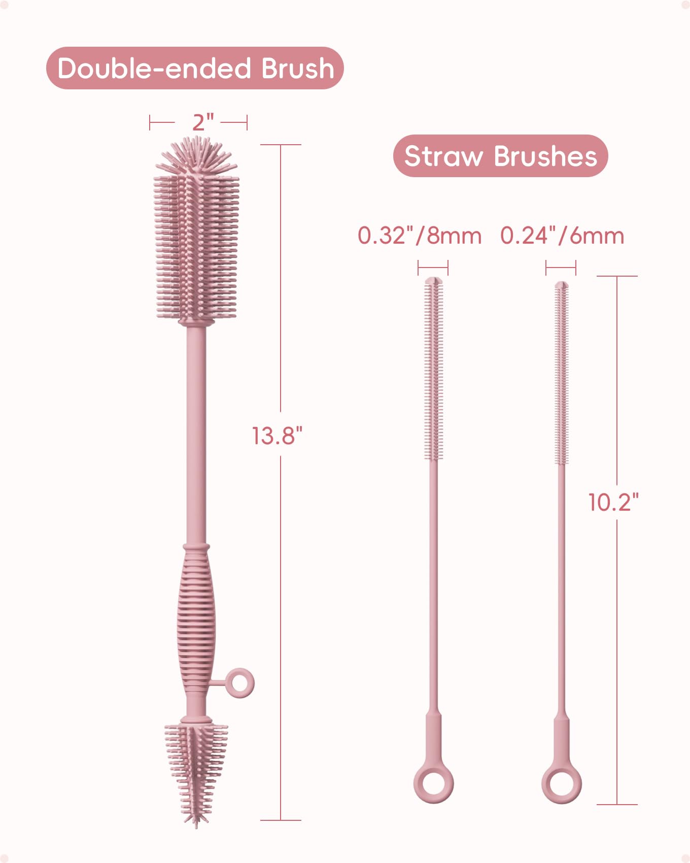 Silicone Cleaning Brush Kit,Water Bottle and Straw Cleaner Brush Set for Tumbler,Baby Bottle,Breast Pump Part,Nipple,Sippy Cup,Glass,Dishwasher Safe,BPA Free,3 Pcs