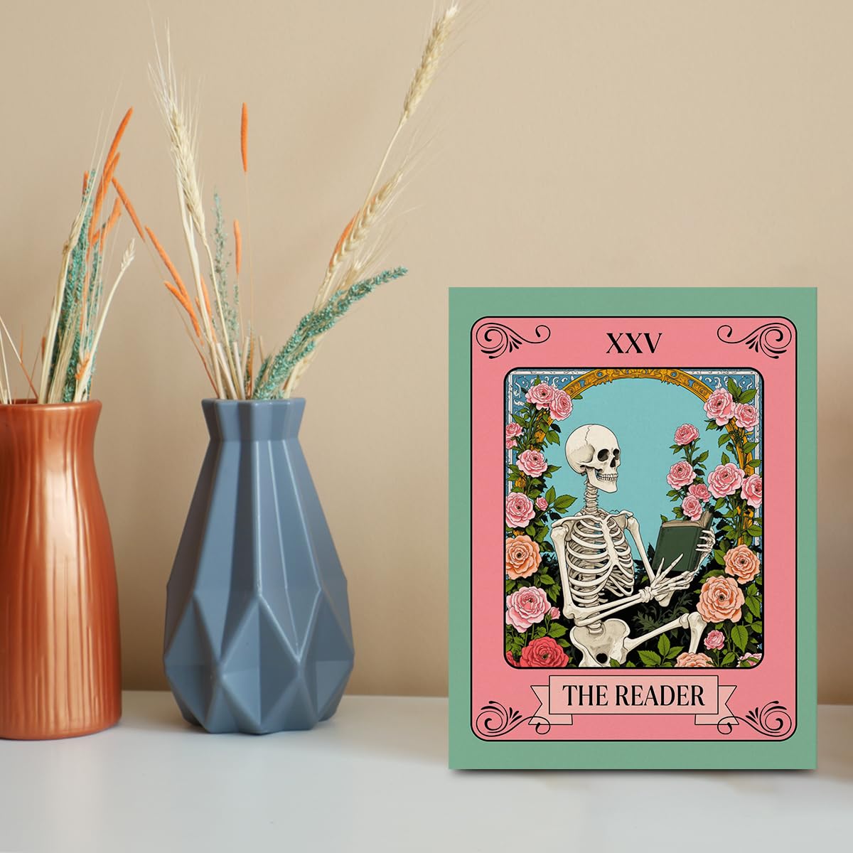 The Reader Tarot Card Wall Art, Funny Skeleton Wallpaper Artwork, Floral Framed Canvas Prints Whimsical Decor, Gothic Theme Prints for Living Room Entryway Bedroom Book Shelf 15x11.4 inch