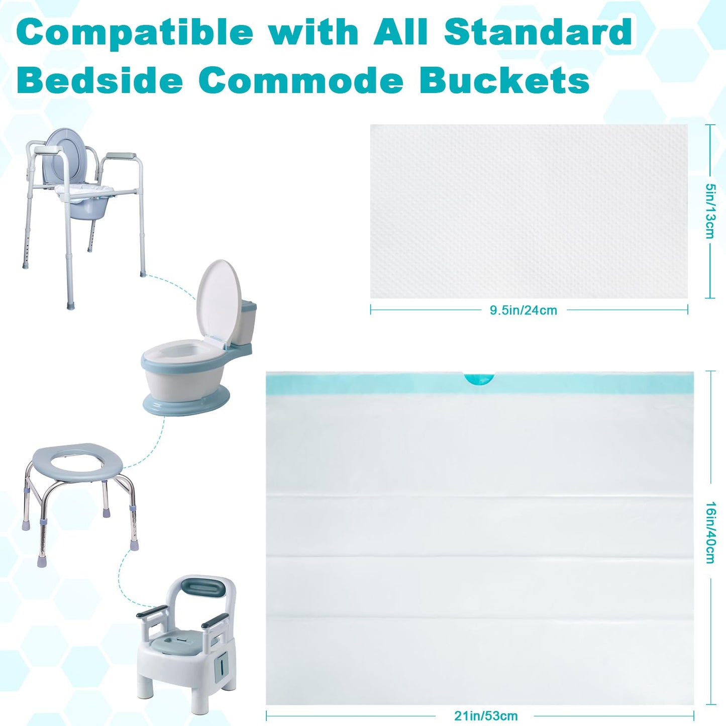 60 Commode Liners with Absorbent Pads, 60 Bedside Commode Liners and 60 Pads for Commode Bucket, Disposable Commode Bags for Adults, Portable Leak-Proof Potty Chair Liners (21 * 16in-60+60)