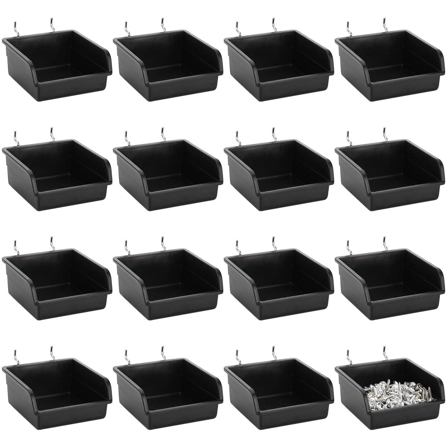 Foraineam 16 Pack Pegboard Bins with Metal Hooks, Black Garage Workbench Bins Cups Peg Board Accessories Kit, Pegboard Tools Organizer for Hardware, Workshop, Craft Room, Tool Shed, Hobby Supplies