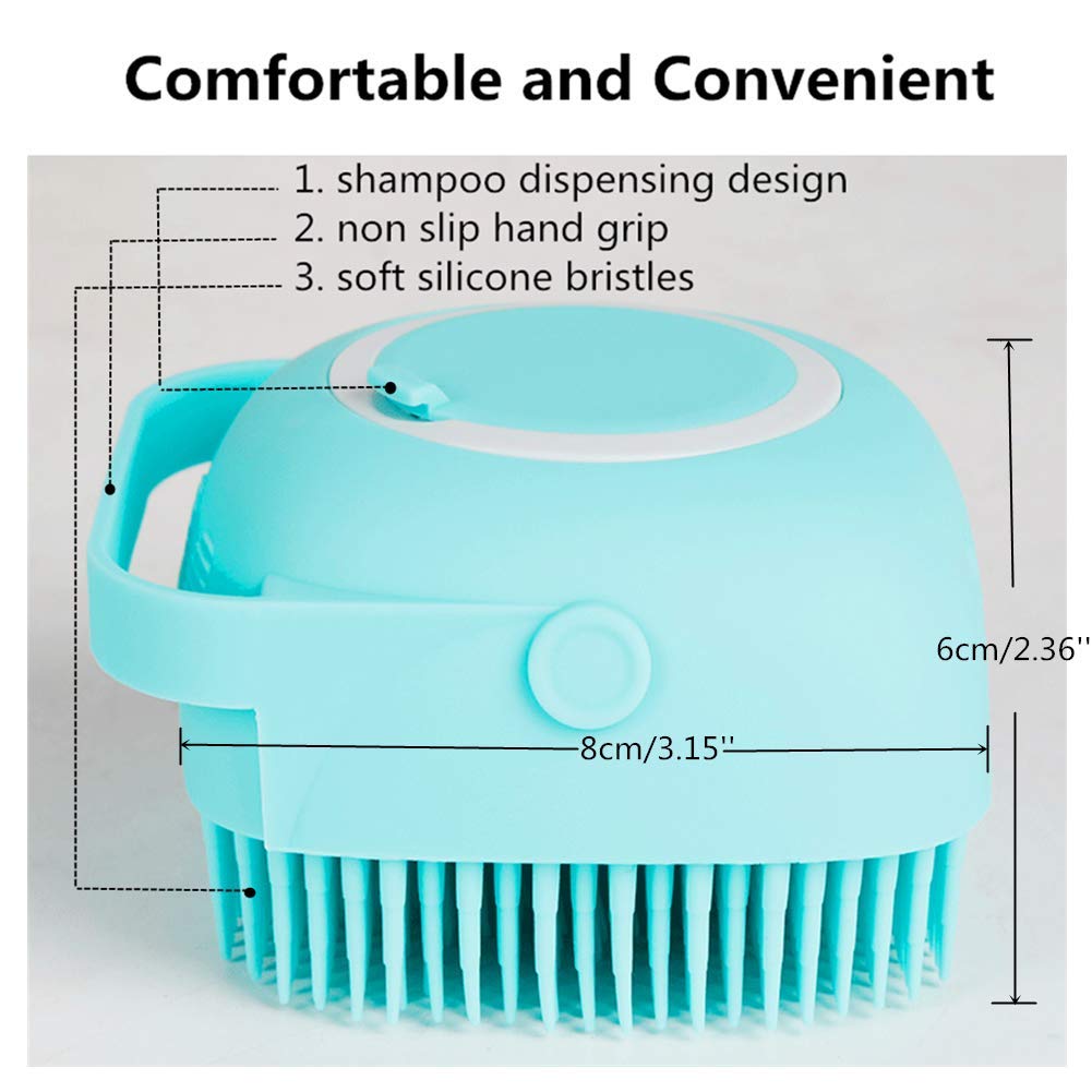 Misthis Portable Dog Bath Brush - Pet Massage Brush Shampoo Dispenser Soft Silicone Brush Rubber Bristle for Dogs and Cats Shower Grooming (Blue)
