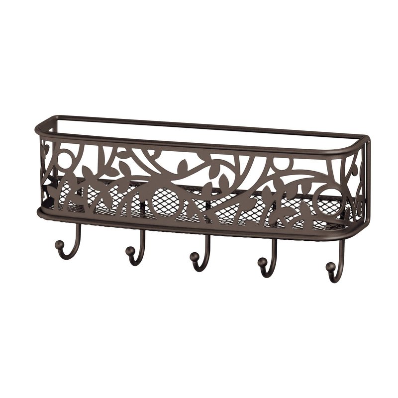 mDesign Wall Mount Metal Entryway Storage Organizer Mail Sorter Basket with 5 Hooks - Letter, Magazine, Coat, Leash and Key Holder for Entryway, Mudroom, Hallway, Kitchen, Office - Bronze