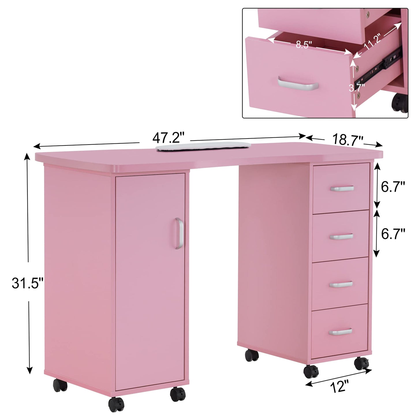 BarberPub Manicure Table, Acetone Resistant Nail Desk, Nail Table with 4 Drawers, 2 Cabinet, Lockable Wheels, Wrist Pad, Nail Desk for Nail Tech, Beauty Salon Pink 0611