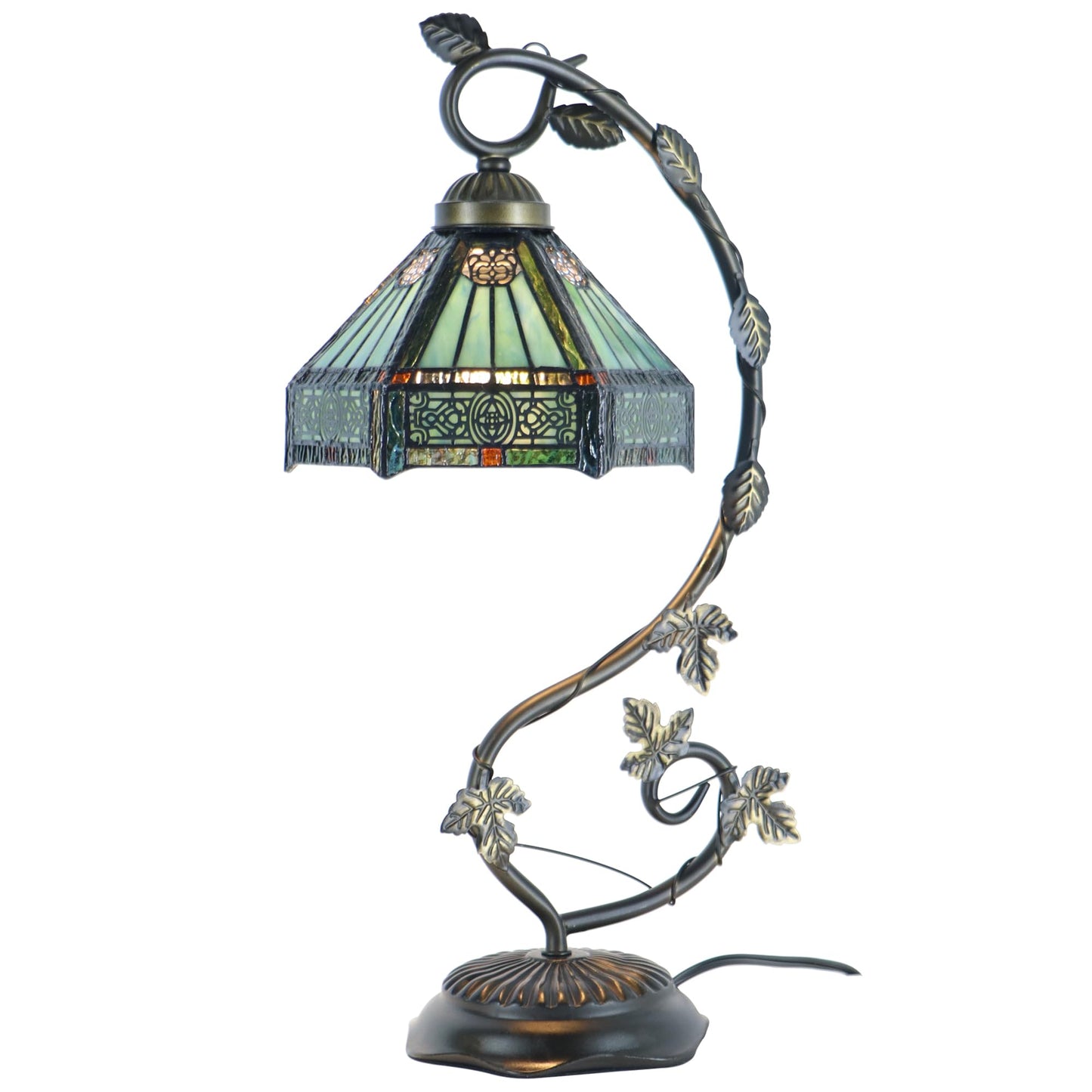 LXHCYOU Tiffany Table Lamp, Stained Glass Desk Light, 8X10X21 Inches, Metal Leaf Base (Sapphire Style)