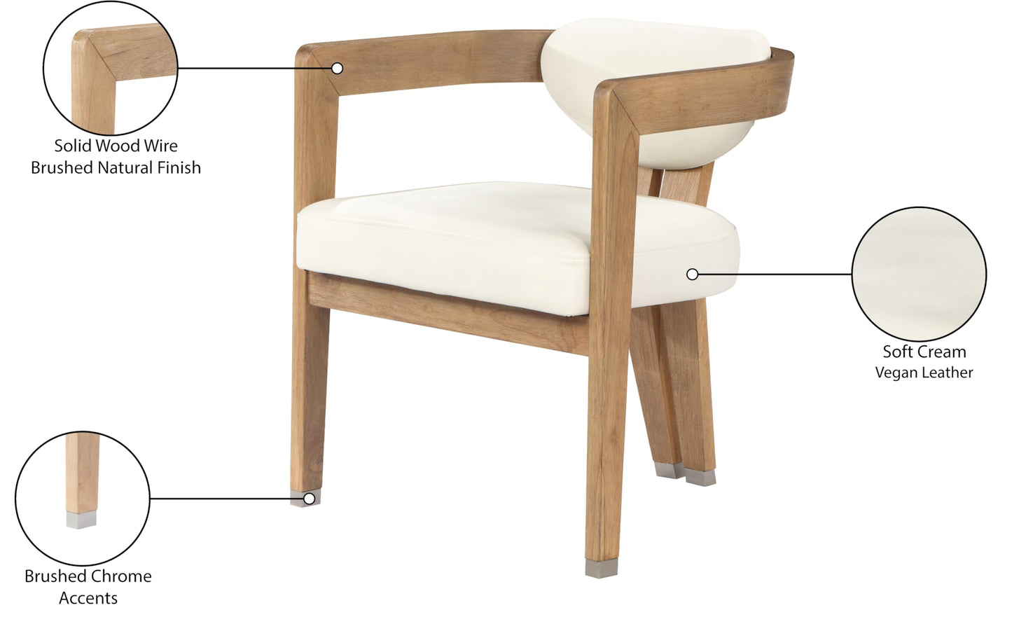 Meridian Furniture 564Cream-C Carlyle Collection Modern | Contemporary Dining Chair, Solid Wood Brushed Natural Finish, Soft Cream Vegan Leather, Brushed Chrome Accents, 24" W x 23.5" D x 29" H, Cream