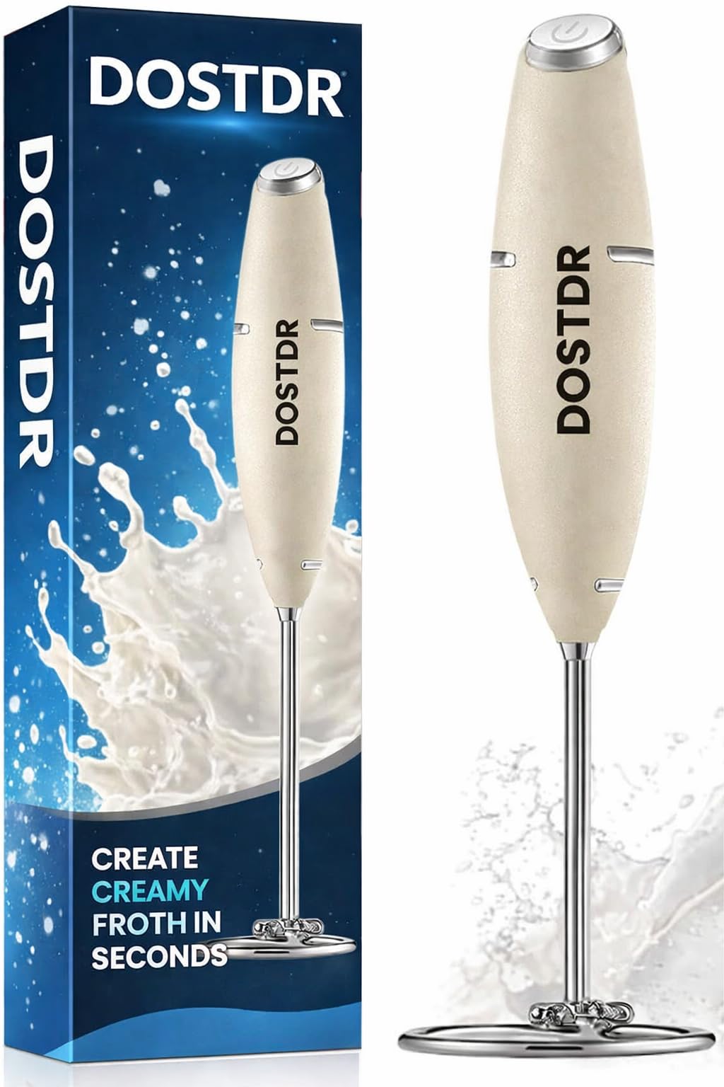 DOSTDR - Handheld Milk Frother — Battery-Operated Automatic Milk Foam Maker, Stainless Steel Whisk, Portable Drink Mixer for Cappuccino, Latte, Bulletproof Coffee, Matcha, Protein Shakes (Beige)