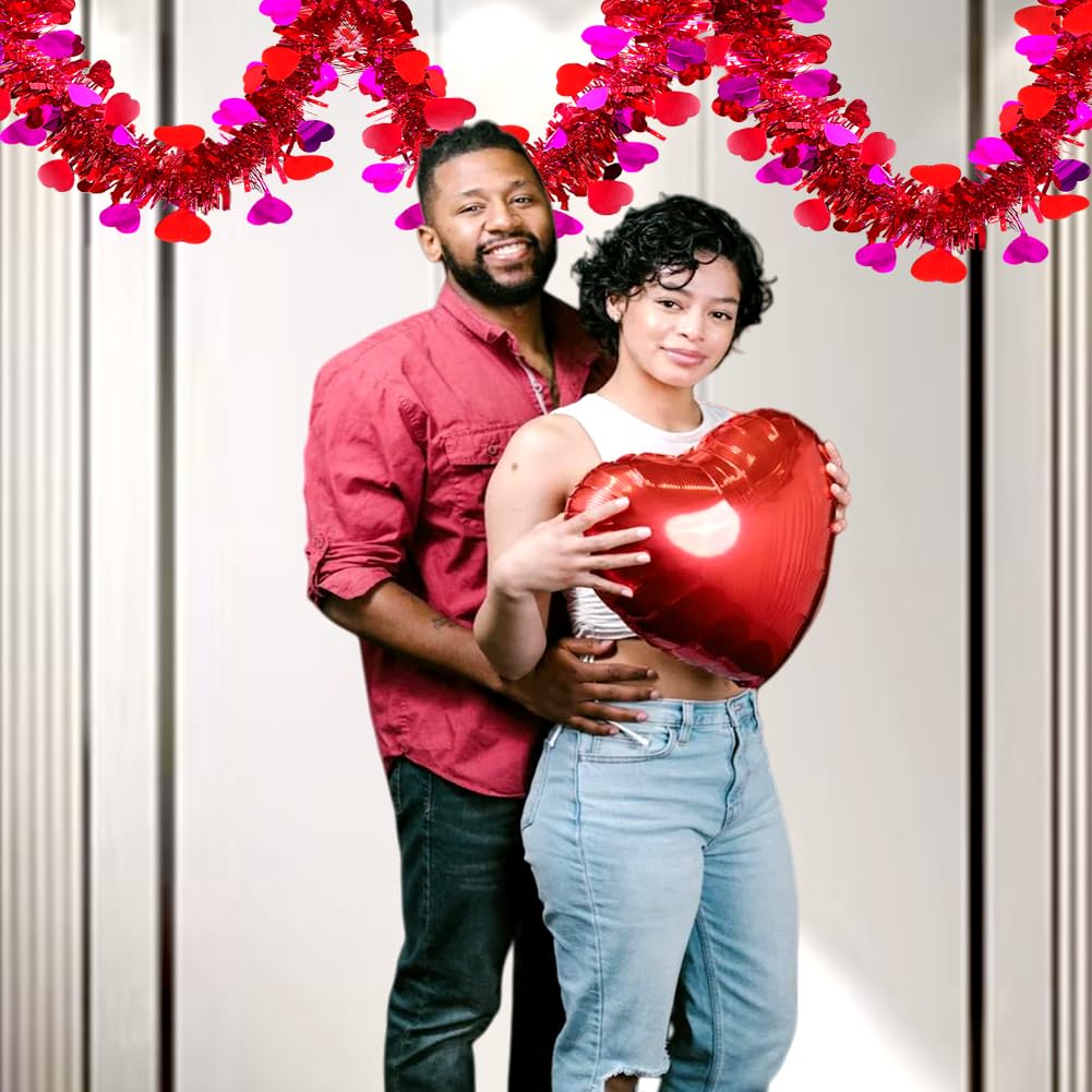 Valentines Tinsel Garland - 33 Ft Rose Red Metallic Heart Shape Valentine's Day Garland Atmosphere Setup for The Confession Scene Tinsel Hanging Twist Hanging Decorations for Party Holiday Supplies