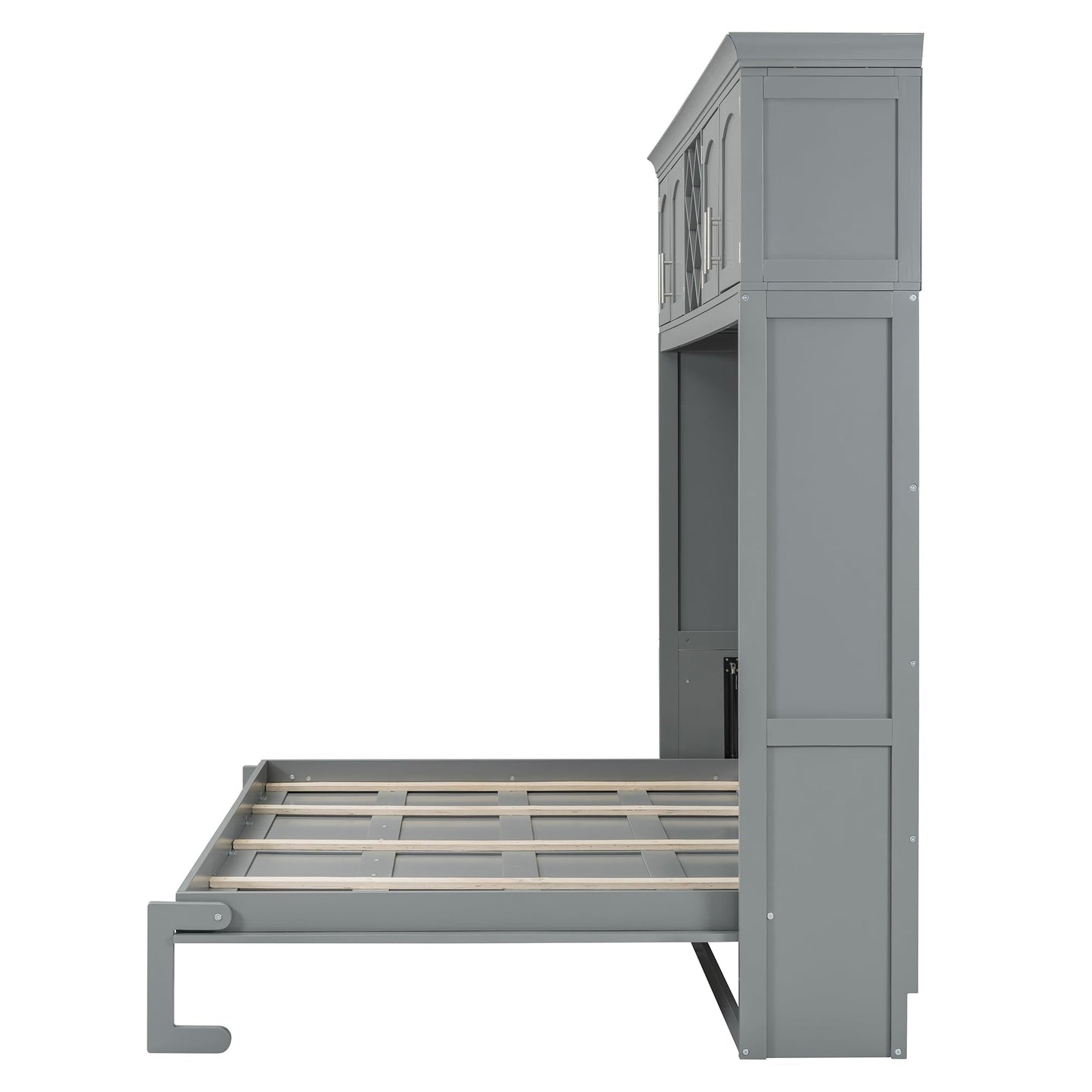 Merax Queen Size Murphy Bed, Foldable Wall Bed with Storage Cabinet, Dual Piston Metal Mechanism & Wooden Slats, No Box Spring Needed, Space-Saving for Small Apartment, Studio, Guest Room, Gray