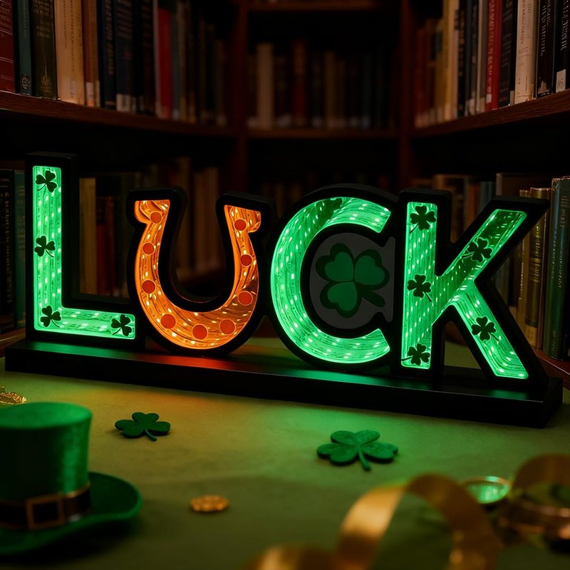 MEETYAMOR St Patricks Day Decorations, Luck Sign Infinity Mirror Tunnel Light with Shamrock for St Patricks Day Decor, Night Lights with Endless Extension for Home Living Room Table Centerpiece