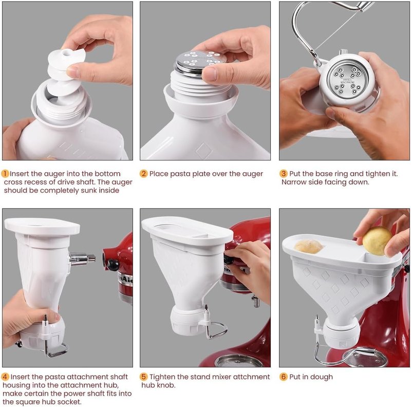 Kainasch 6-Piece Pasta Maker Attachment for KitchenAid Stand Mixer, Heavy Duty Homemade Pasta Press with Dual Feed Ports, Includes 6 Shaping Discs, Dishwasher Safe & Easy Clean Accessories