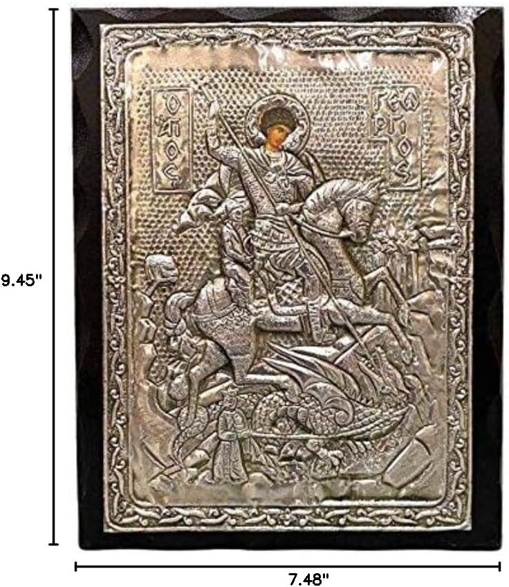Handmade Greek Christian Orthodox Wood-Metallic Icon of Saint George - 24 X 19cm Solid Wood