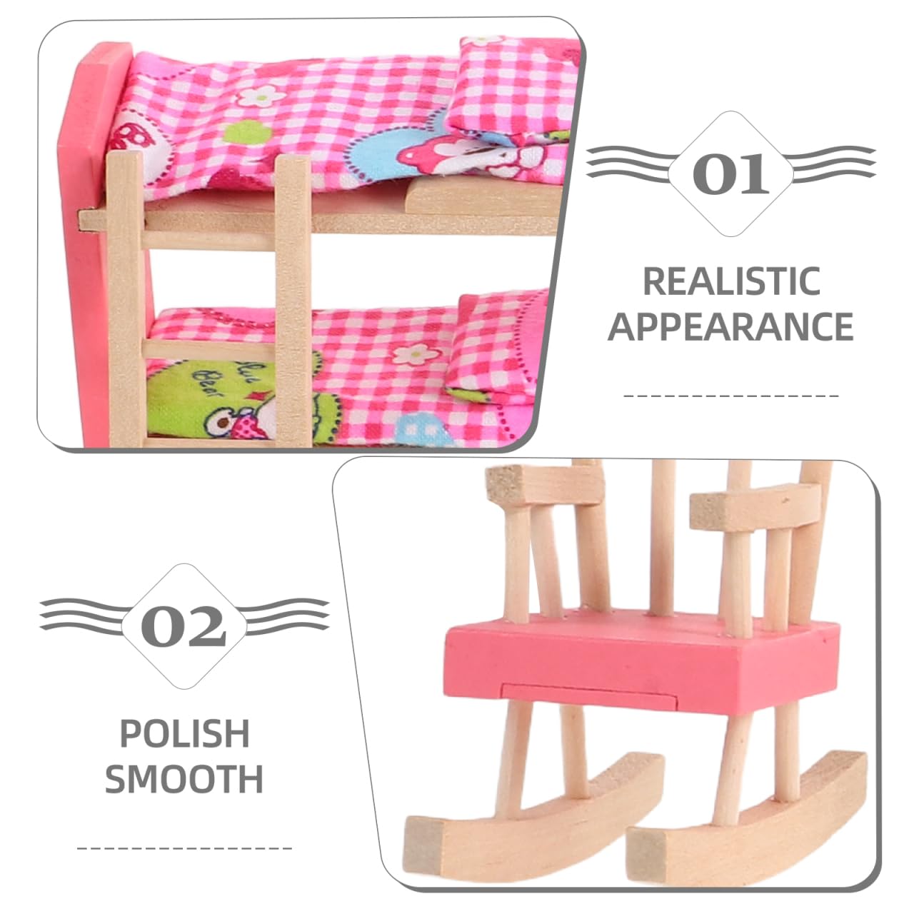 JOINPAYA Wooden Dollhouse Bedroom Furniture: Doll Bunk Bed Rocking Horse Chair, DIY 1:12 Scale Miniature Doll House Decoration Accessories for Ages 3+ Role-Playing