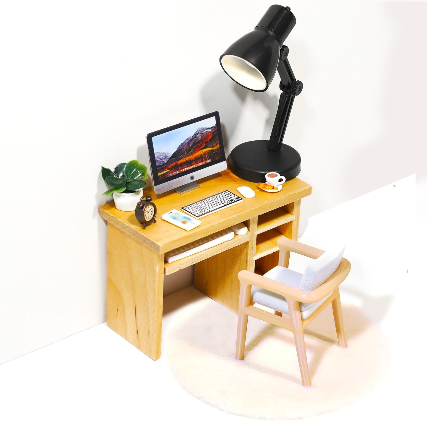 Hiawbon 11PCS 1:12 Scale Miniature Office Furniture Set, Miniature Office Table and Chair, Mini Simulation Desktop Computer with Mouse Keyboard Model Simulation Accessories for Mini House