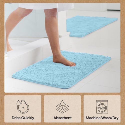 Gorilla Grip Bath Rug Mat - Soft Absorbent Chenille | Quick Dry Microfiber, 30x20, Sky Blue