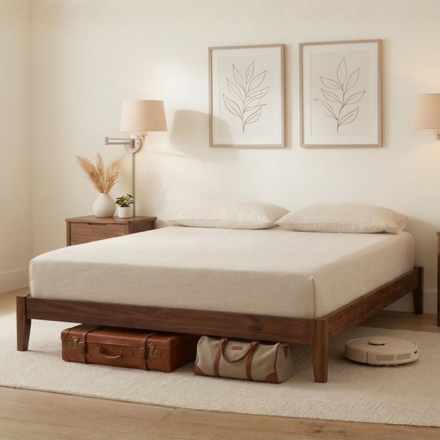 NATLE & CO Woodmere Premium Queen Bed Frame, Solid Wood Platform Bed, Wood Slat Support, Tapered Solid Wood Legs, No Box Spring Needed, Mid-Century Modern Style, Easy Assembly (Walnut)