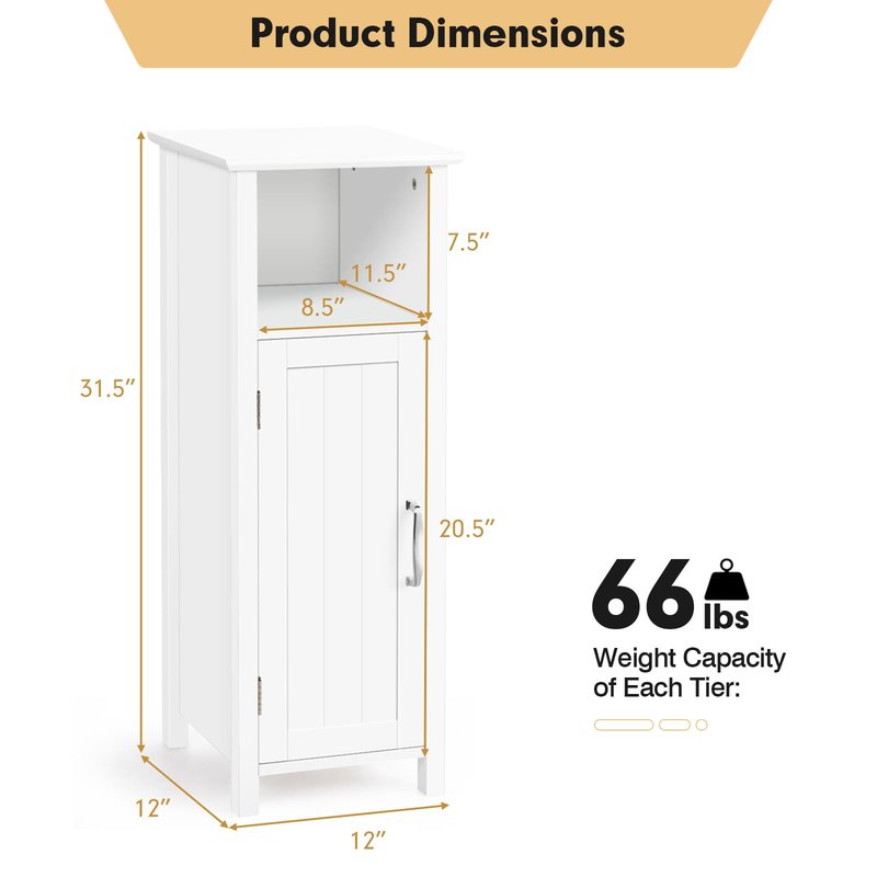 COSTWAY Bathroom Storage Cabinet, Freestanding Narrow Storage Organizer with Open Shelf & Adjustable Shelf, Small Slim Floor Cabinet for Bathroom, Living Room, Entryway, Office, White