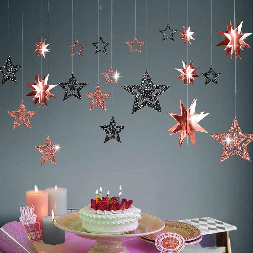 Decor365 Glitter Black Rose Gold Star Garland Twinkle Little Star Party Decoration Hanging Decor Backdrop Banner