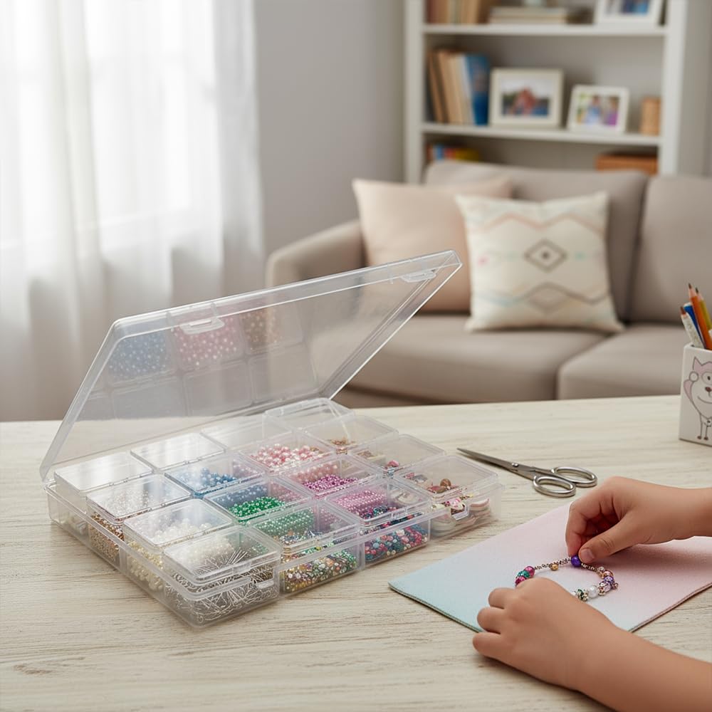 RHONZHAO 32-Grid Bead Storage Containers Set, 32 Clear Plastic Organizer Boxes w/Hinged Lids, Craft Parts Organizer for Jewelry & Diamond Painting (Clear 2 Pack)