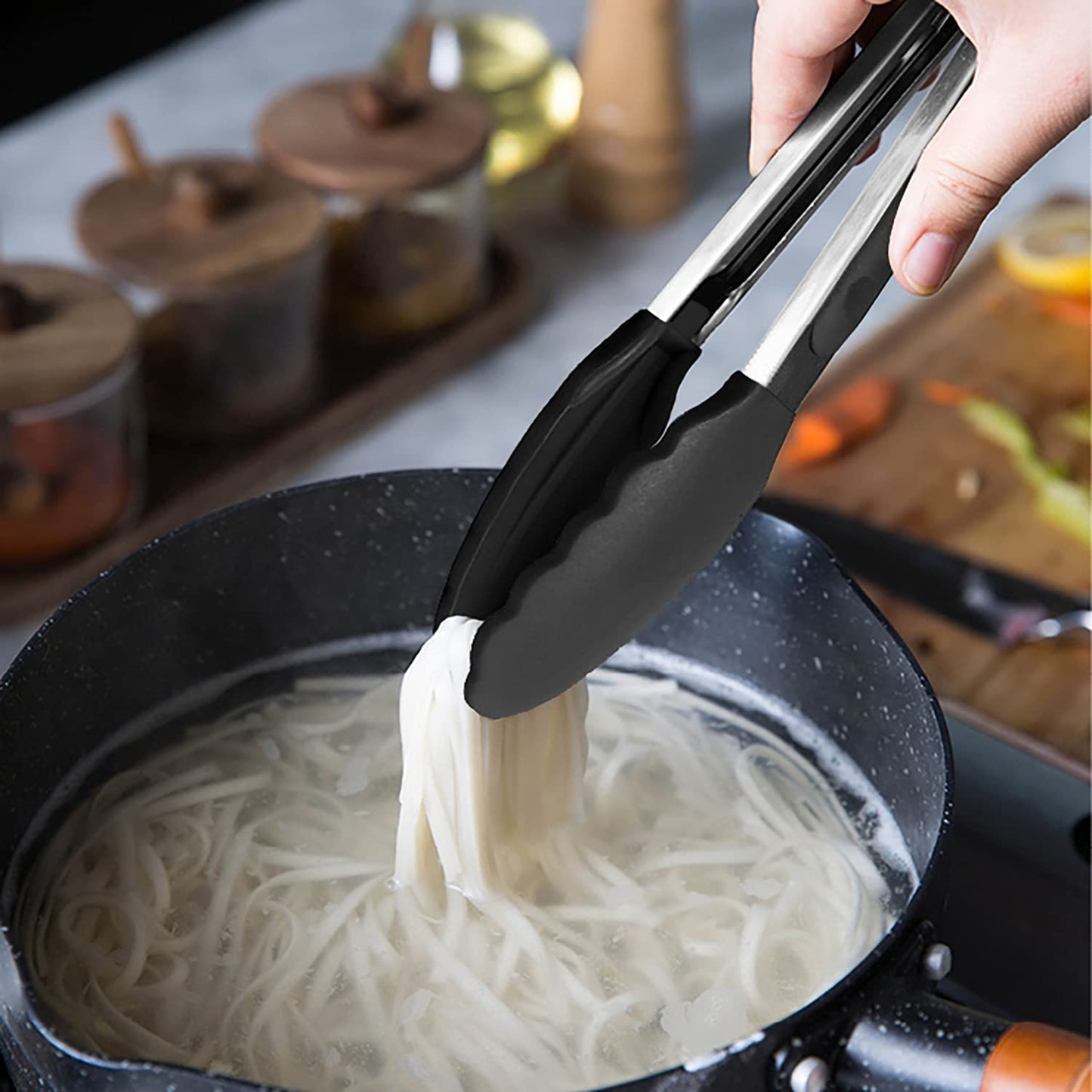 Small Silicone Tongs 7-Inch Mini Serving Tongs, Set of 3 (Black Gray White)
