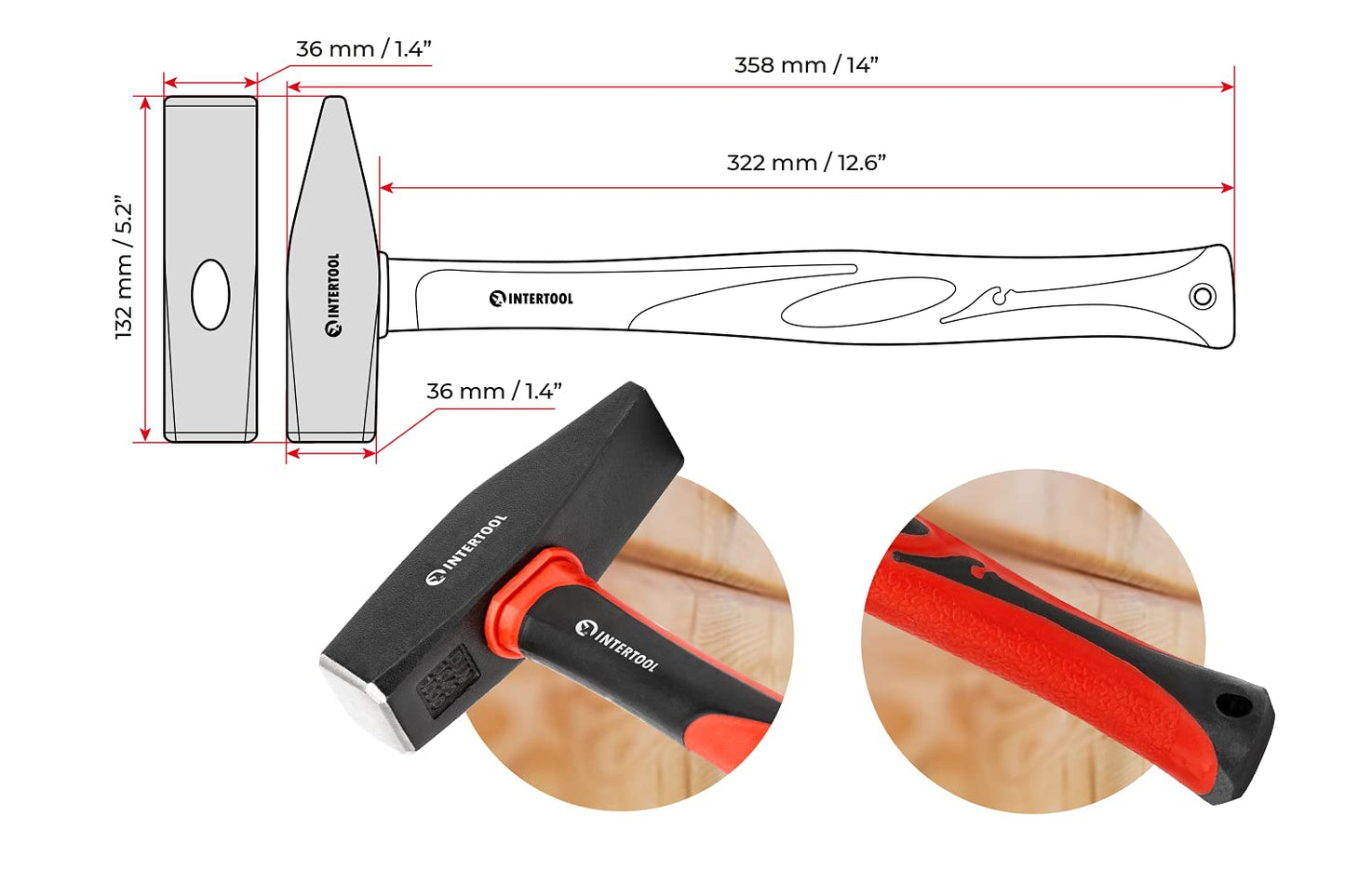 INTERTOOL 2 lbs Cross Peen Hammer, 1000g Heavy Duty Engineer Hammer, Mechanic, Blacksmith, Sheet Metal, 14” Shock Absorbing Fiberglass Handle HT08-0210