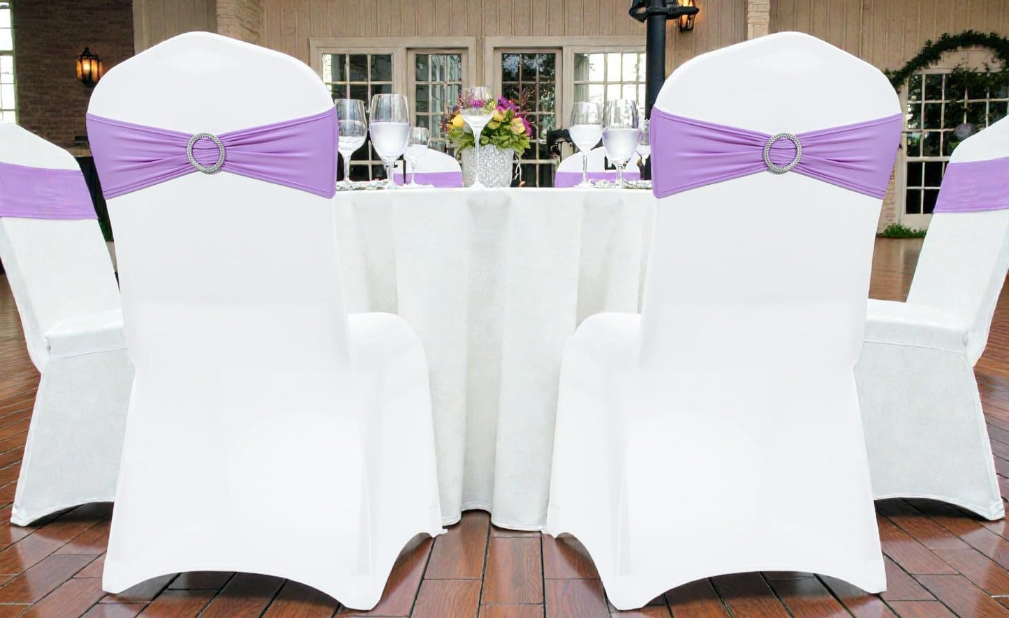 MDS Premium Spandex Chair Sashes - Stretchy Bow Covers with Buckle Slider | 25-Pack in Lavender