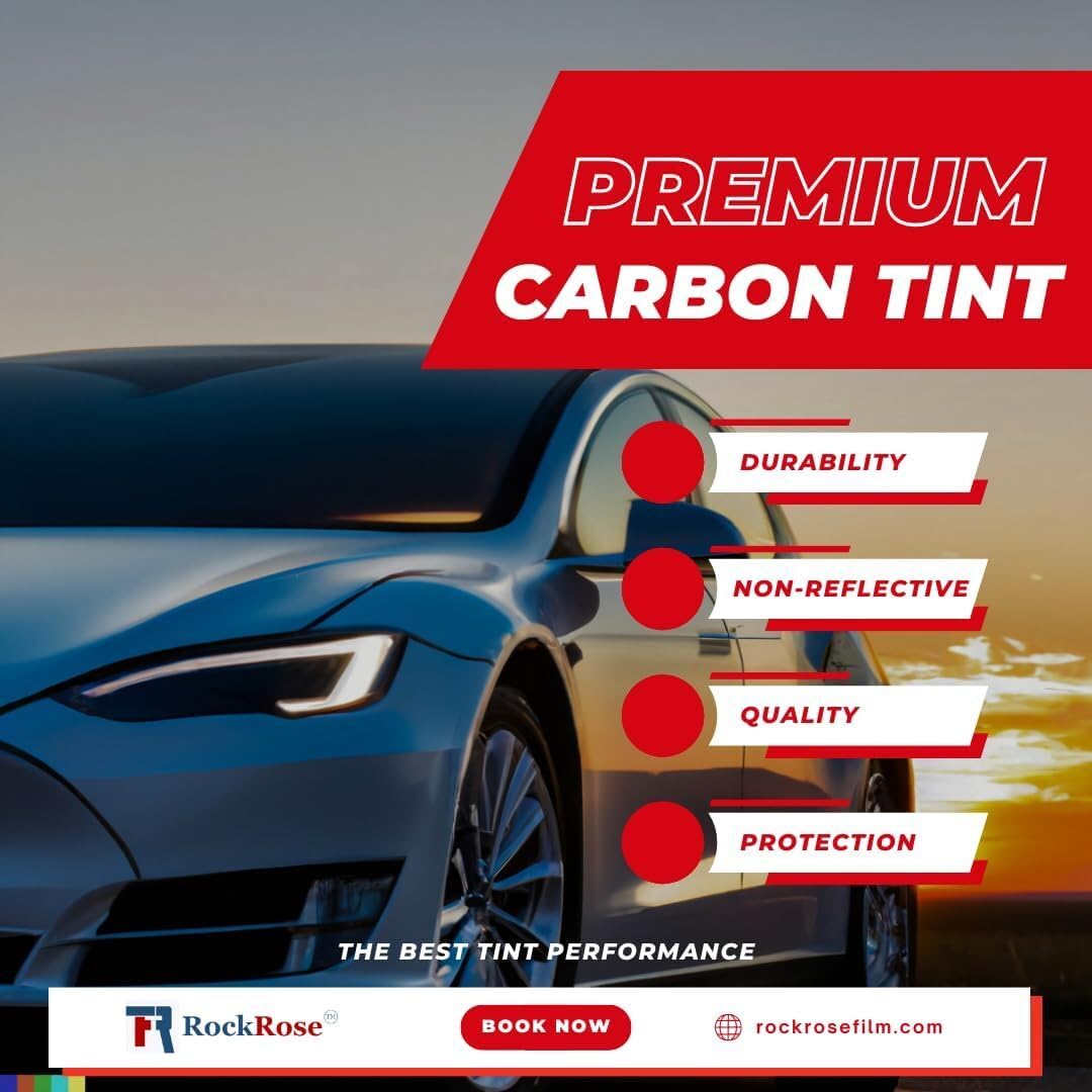 RockRose 1% Premium Carbon Car Window Tint 12 in x 100FT 2PLY Charcoal Privacy Film Heat, UV, and IRR Block Tint for Cars or Home Adhesive Film Easy Shrink, Plotter Friendly Pro Grade