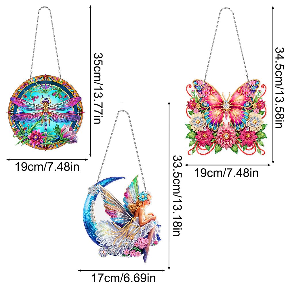 3Pcs DIY Hanging Diamond Art Pendant Kit Butterfly Dragonfly Fairy, Special Crystal Acrylic Diamonds Painting Ornament Kit for Adults, 5D Diamond Art Suncatchers Gem Painting Box Kit (Pink)