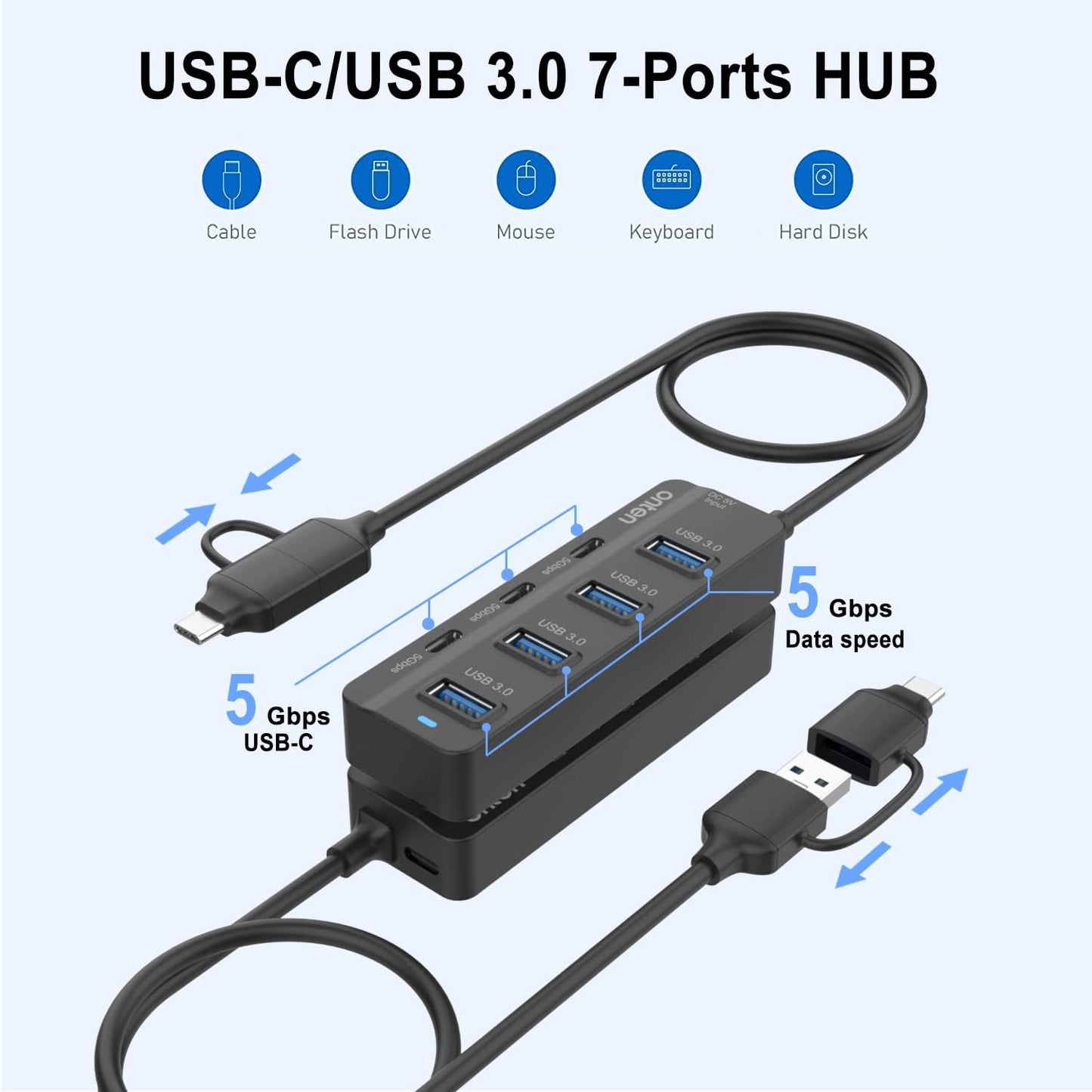 Onten USB C Hub,7 Ports USB3.0 to USB-C HUB with a USB C to USB 3.0 Adapter. 3.2ft Cable 4*USB3.0 Ports,3*USB C Ports forThunderbolt 3/4 MacBook Surface Pro and More USB/USB C Devices