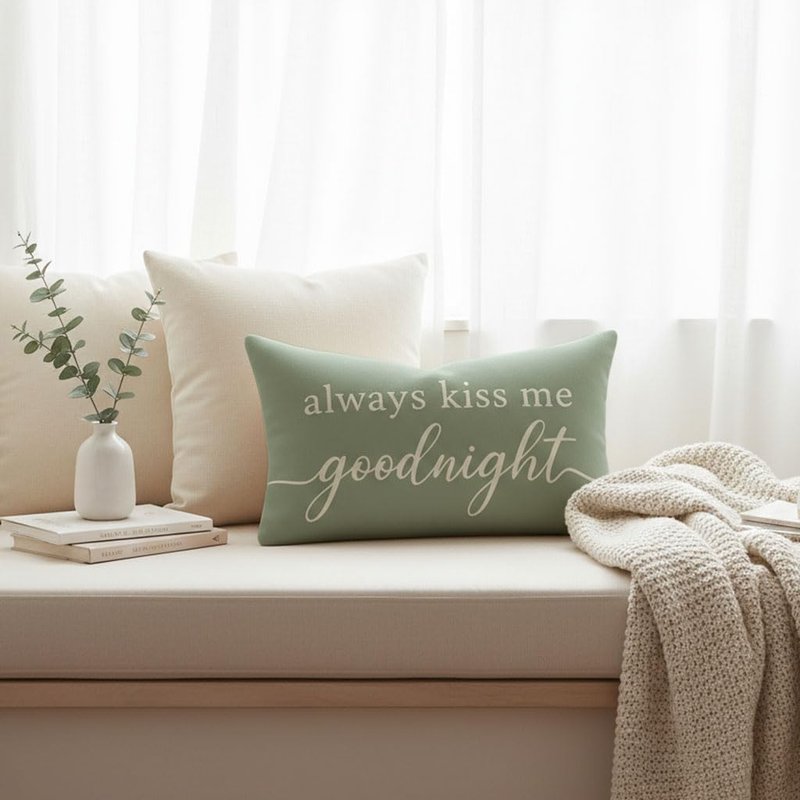 HERHOME Decorative Throw Pillow Cover 12x20 Inch, Always Kiss Me Goodnight Sage Green Lumbar Cushion Case for Bedroom Bed Sofa, Sweet Gifts for Couples Wedding Anniversary Spring Summer Home Decor