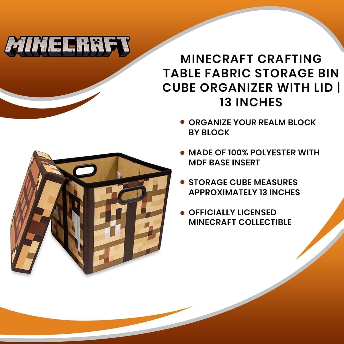Minecraft Crafting Table 13-Inch Storage Bin Chest with Lid, Foldable Fabric Basket Container, Home Decor Essentials