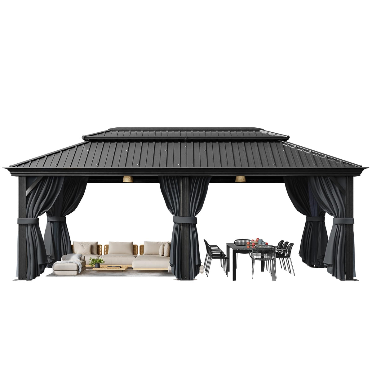 HOTEEL 12x20 Hardtop Gazebo on clearance with Metal Roof & Drainage System, Heavy Duty Galvanized Steel Gazebo with Aluminum Frame, Privacy Curtains and Netting, for All-Weather, Black (2026 Upgraded)