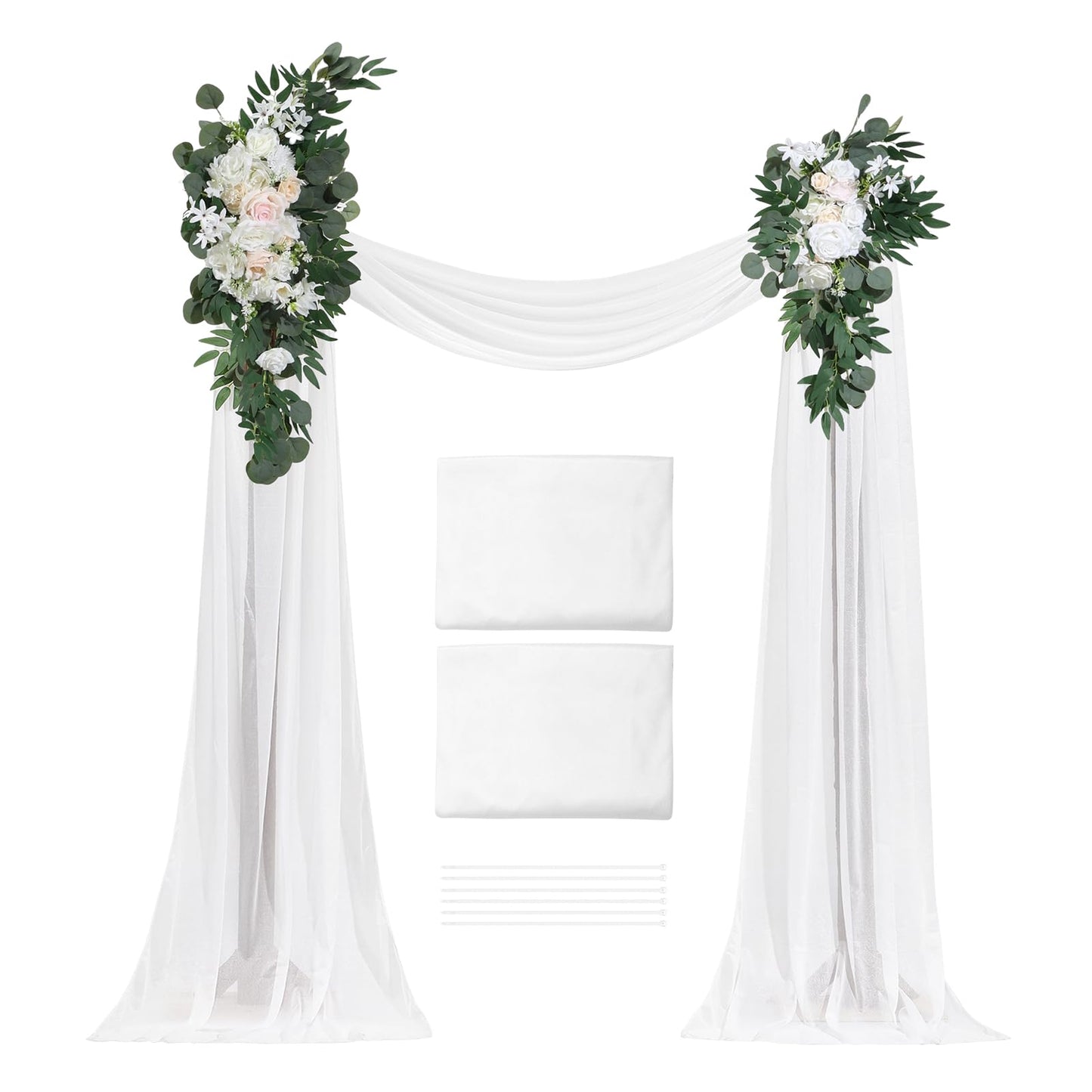 VEVOR Artificial Wedding Arch Flowers Kit, White Wedding Arch Flowers with Drapes Kit (Pack of 4) - 2 Pcs Floral Arrangement, 2 Pcs Sheer Drapes, for Ceremony Bouquets Reception Backdrop Decoration