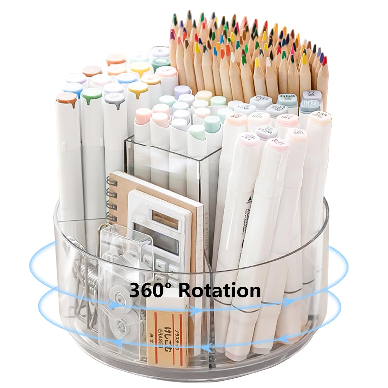 JIKIOU Acrylic Pen Holder, 360-Degree Rotating Pen Holder for Desk, Clear Desk Organizers and Accessories with 5 Compartments Pencil Organizer, Art Supply Storage Box Caddy for Office, Home