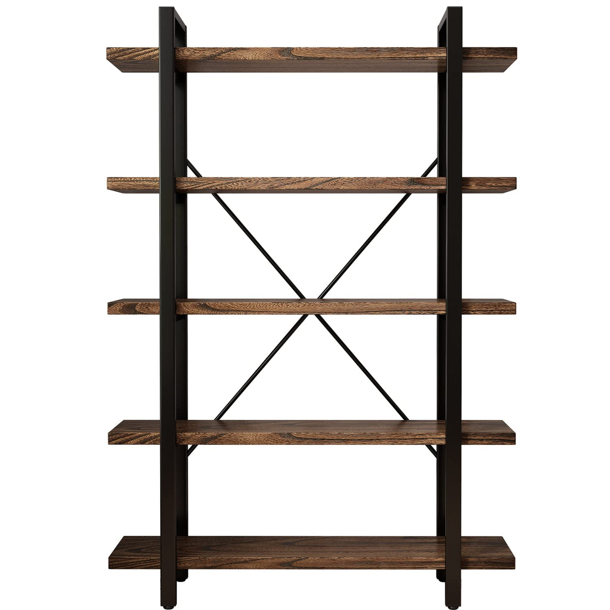 5-Tier Industrial Style Solid Wood Bookcase and Book Shelves,Rustic Wood and Metal Shelving Unit, Living Room,Modern Rustic Open Industrial Book Shelf Office,Distressed Brown (AY-02-5Tier)