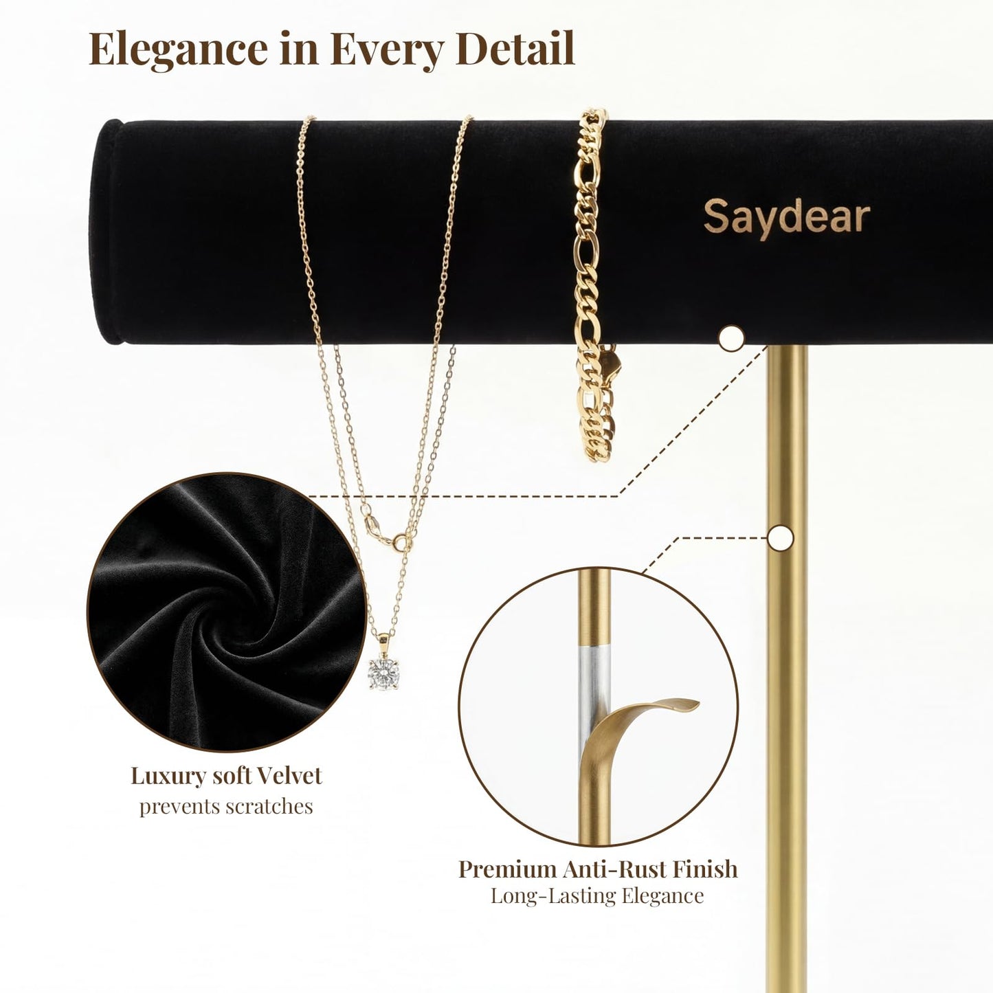 Saydear Velvet Jewelry Organizer Stand, T-Bar Necklace Holder with Ceramic Ring Dish Tray, Watch & Bracelet Display Organizer for Vanity, Dresser, Nightstand, Luxury Gift for Women Black