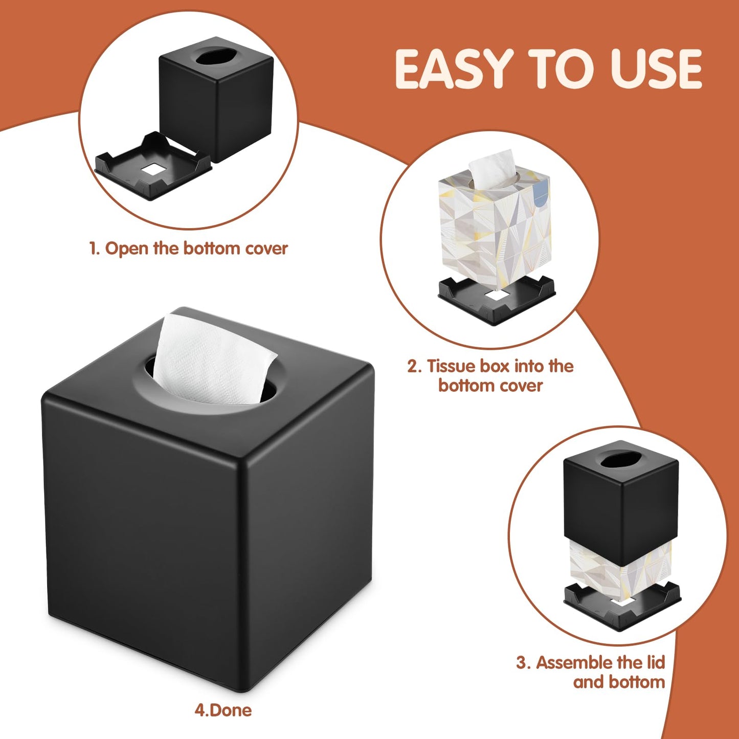 Y-in Hand Tissue Box Cover, Square Facial Tissue Holder Storage for Bathroom Vanity, Countertops, Dressers, Night Stand, Parlors and Offices - Black