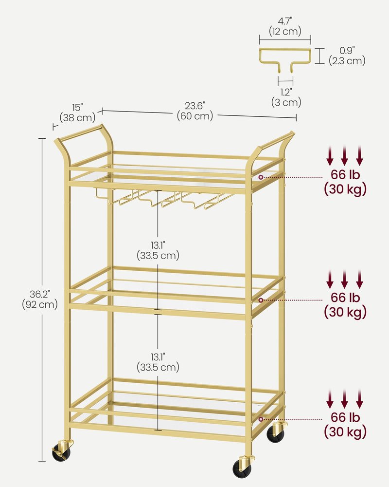 VASAGLE Bar Cart Gold, Small Home Bar Serving Cart with 3-Tier Mirrored Shelf, Wine Holders, Glass Holders, for Small Spaces, Kitchen, 15 x 23.6 x 36.2 Inches, Gold ULRC100A01