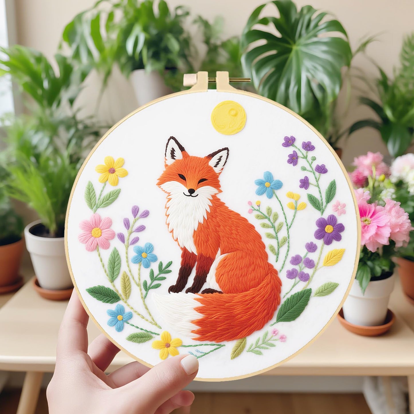 ORIGACH 4 Pcs Flower and Animal Embroidery Kit for Beginners, Stamped Design Embroidery Starter Kit Includes Cloth, Hoops, Threads & Needles