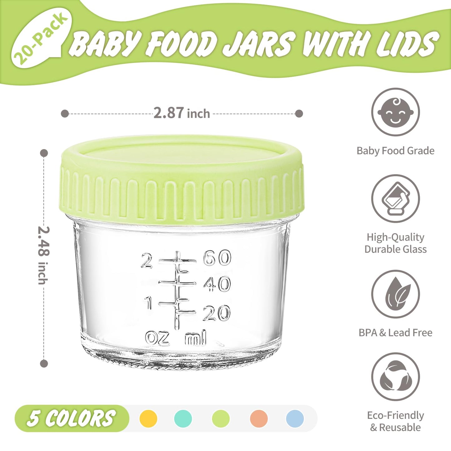 DRKIO 20 Pack Glass Baby Food Storage Containers 4 Oz Baby Food Jars with Lids Baby Food Maker Microwave Dishwasher Freezer Safe 100% Leak-Proof BPA Free