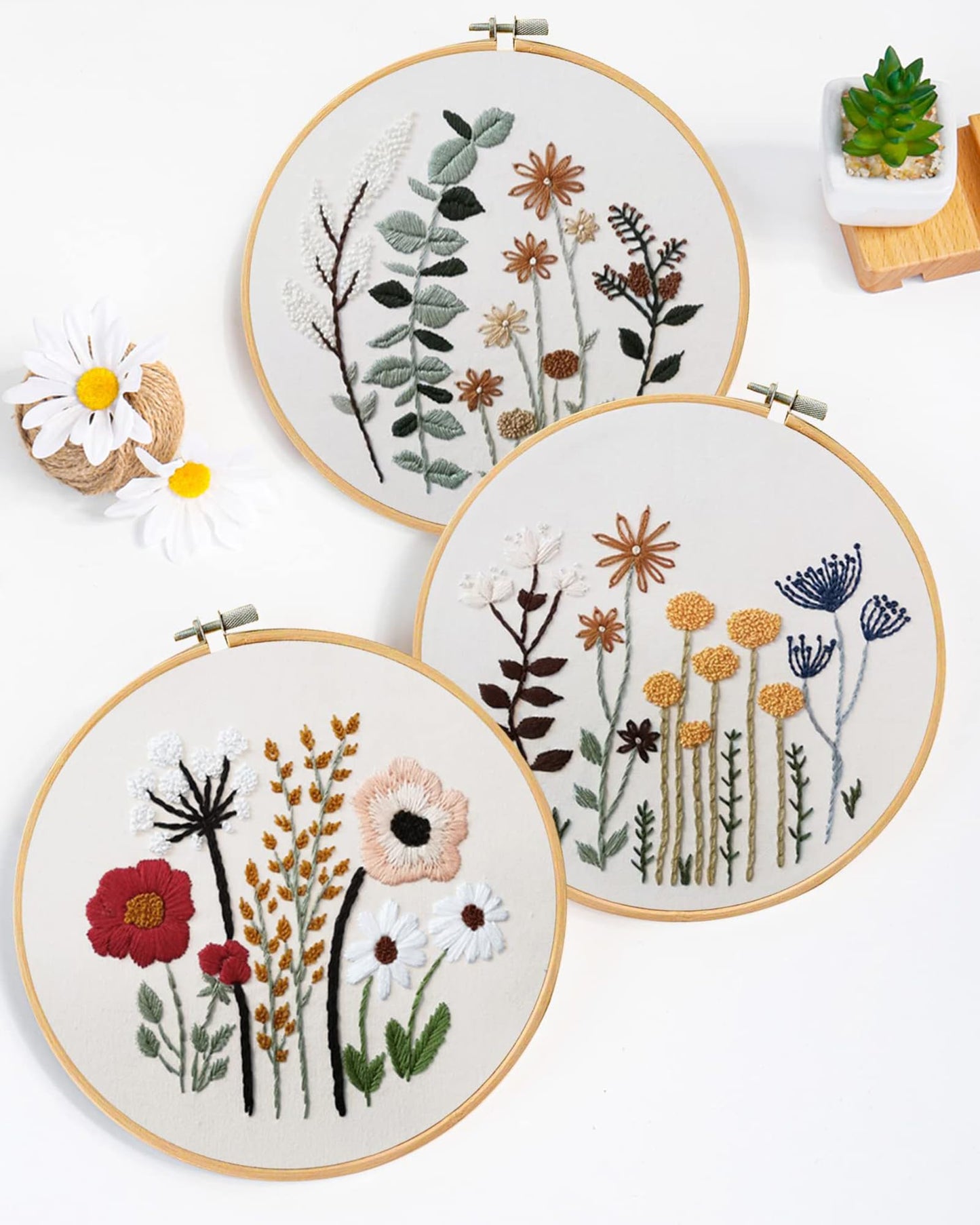 Santune 3 Sets Embroidery Kit,Cross Stitch Kits for Beginners,Needlepoint Kits for Adults with Easy Floral Pattern Hand Crafts,Hoop,Needle,Mothers Day Gifts