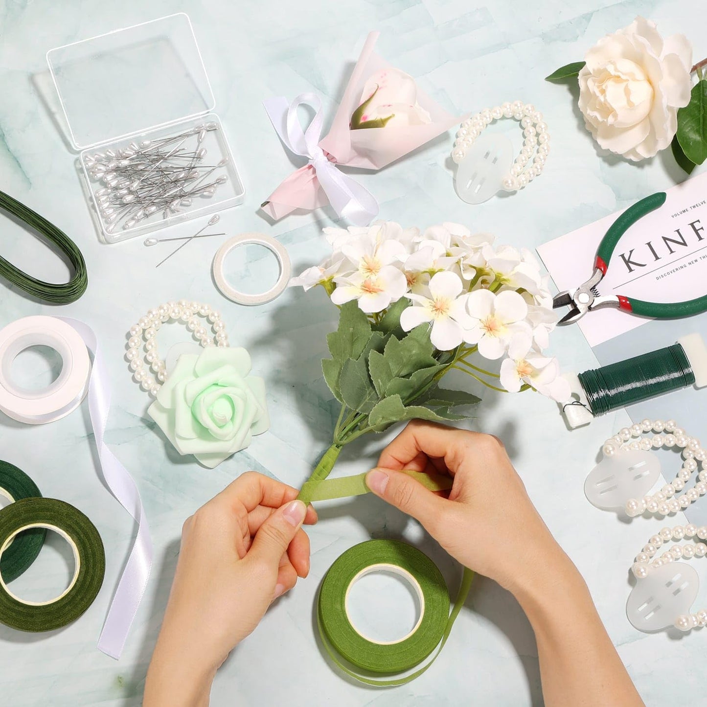 Paxcoo Floral Tape and Floral Wire Arrangement Tool Kit with Green Tape, Floral Wire, Boutonniere Flower pin, Cutter, White Ribbon and Elastic Pearl Wrist Corsage Bands for Bouquets