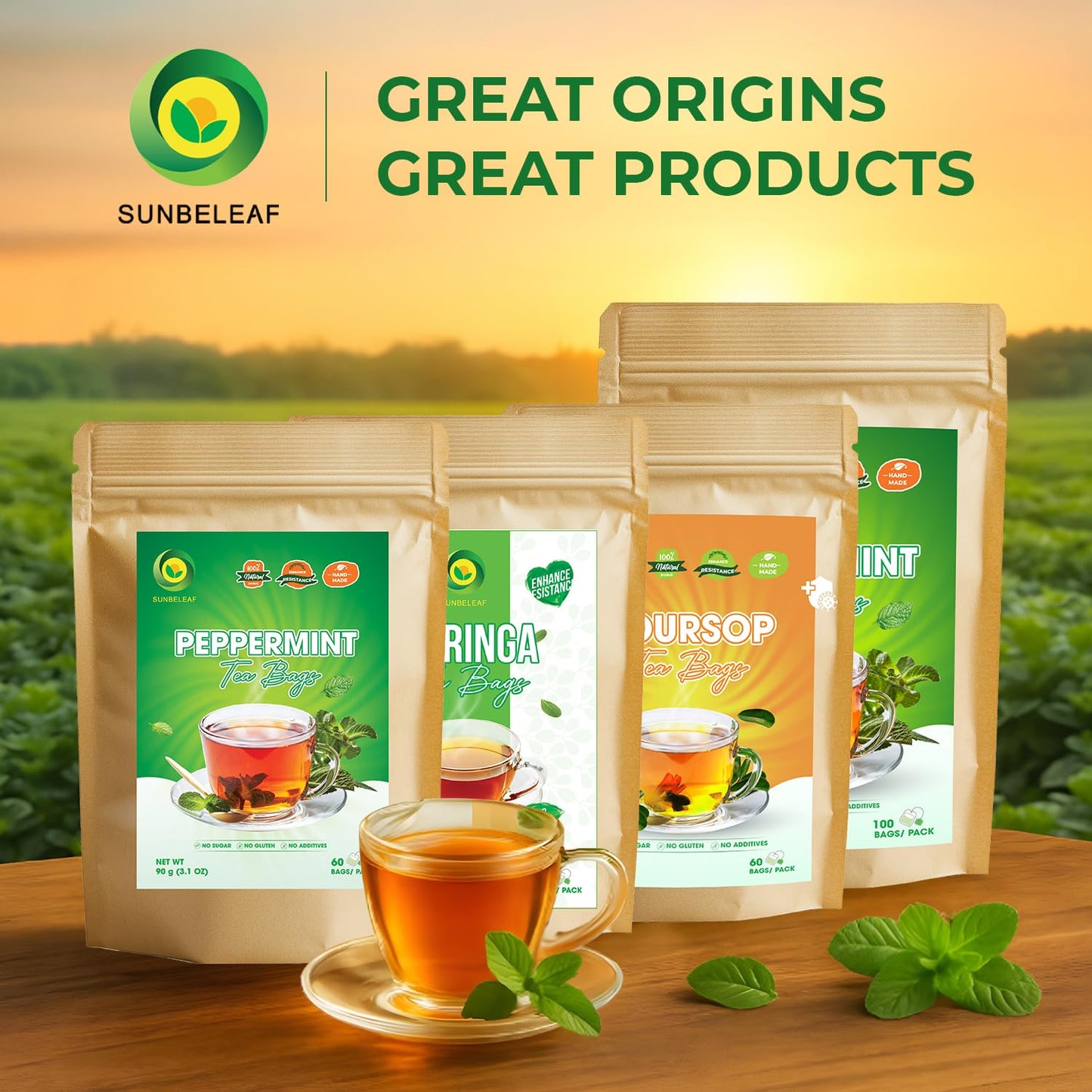 SUNBELEAF Peppermint Tea โ 60 Tea Bags, Pure Mint Leaves from Vietnam, Caffeine-Free Herbal Infusion, Resealable Zip Pouch, Refreshing Gentle Flavor, Ideal for Daily Enjoyment