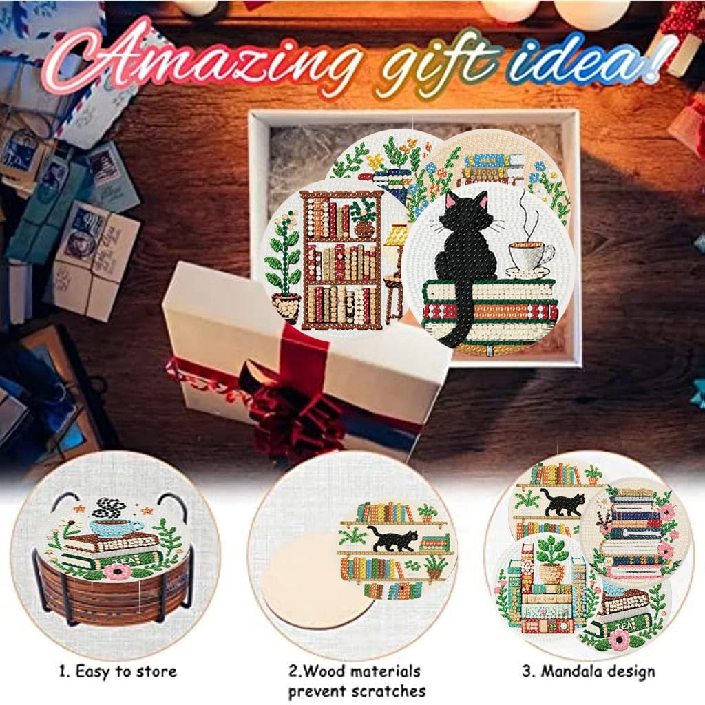 Zythron 8 Pcs Bookshelf Diamond Art Coasters Books Diamond Painting Coasters Kits DIY 5D with Holder with Holder Cork Pads DIY for Beginners, Adults, Diamond Art Kits Crafts Supplies 4x4 in