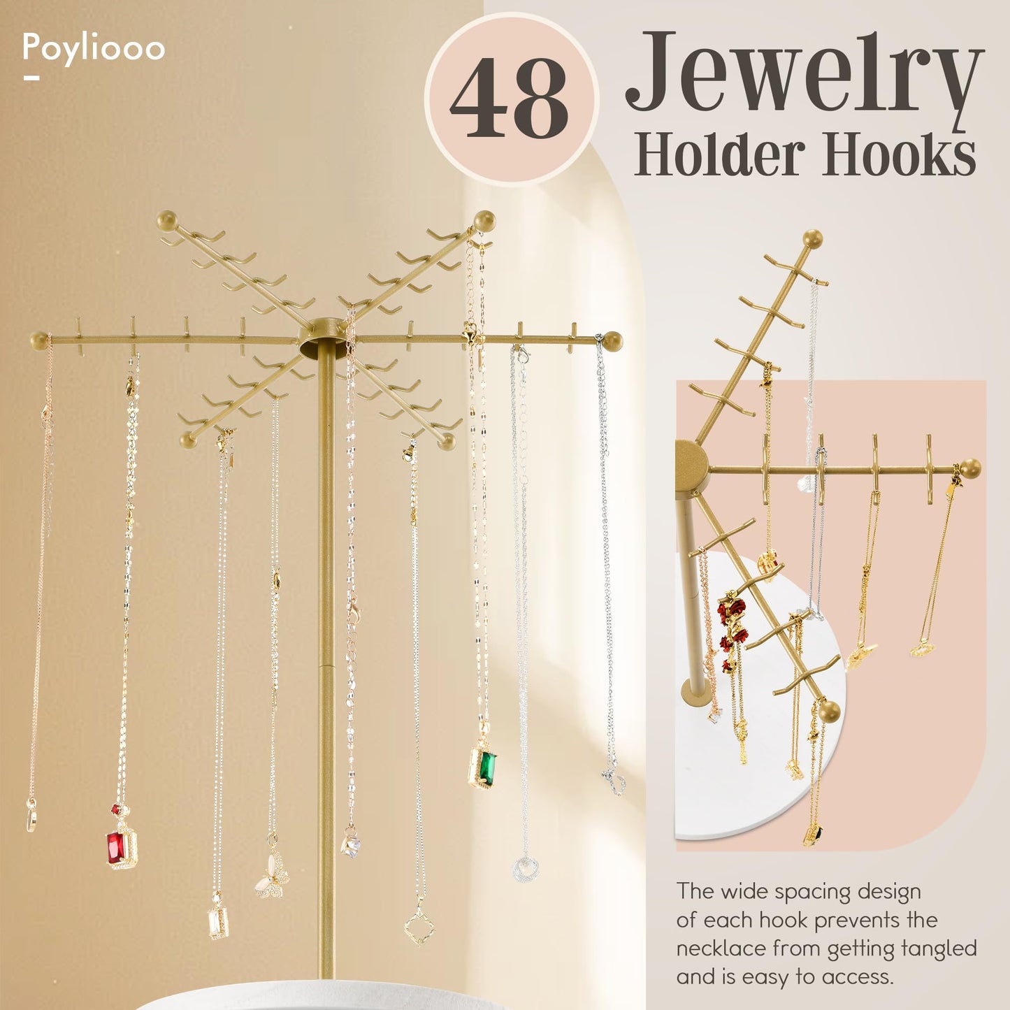 Poyilooo Necklace Holder Jewelry Stand, Rotating Necklace Holder Organizer with 48 Hooks for Necklace Earring Keychains Bracelet Display Stand, Metal Necklace Tree Stand -Women Gifts (Gold)