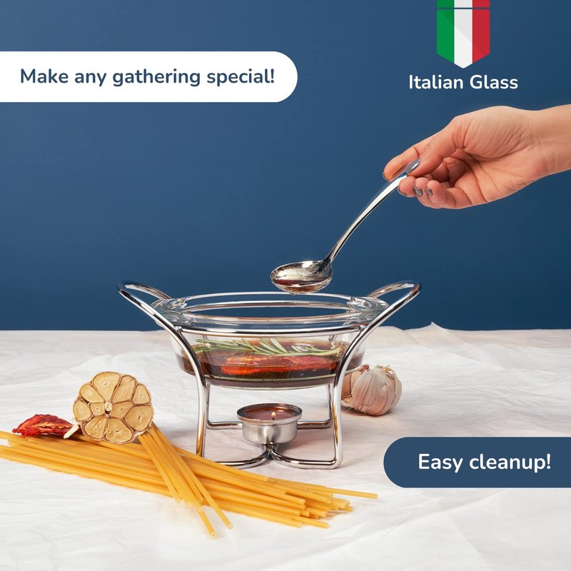 Rigeli Regent Chromeplated Wire Sauce Warmer w/Ladle Stainless Steel Round Soup Warmer with spoon Perfect for Chocolate, Caramel, Cheese, Sauces and More