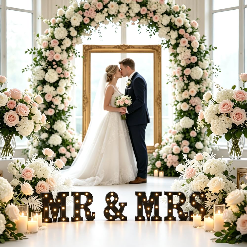 CDIXlmuz Mr & Mrs LED Light Up Letters, Mr & Mrs Sign for Wedding Table, Black LED Marquee Letter Lights Engagement Wedding Decoration, Photo Props, Valentine's Day Anniversary, Battery Operated